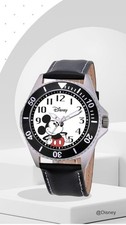 New Disney Mickey Mouse Black Bezel Men's Black Leather Water Resistant Watch