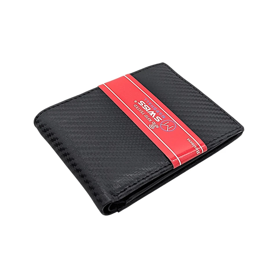 Swiss Marshall RFID Blocking Men's Carbon Fiber Leather Slim Bifold Wallet Black - Image 3 of 4