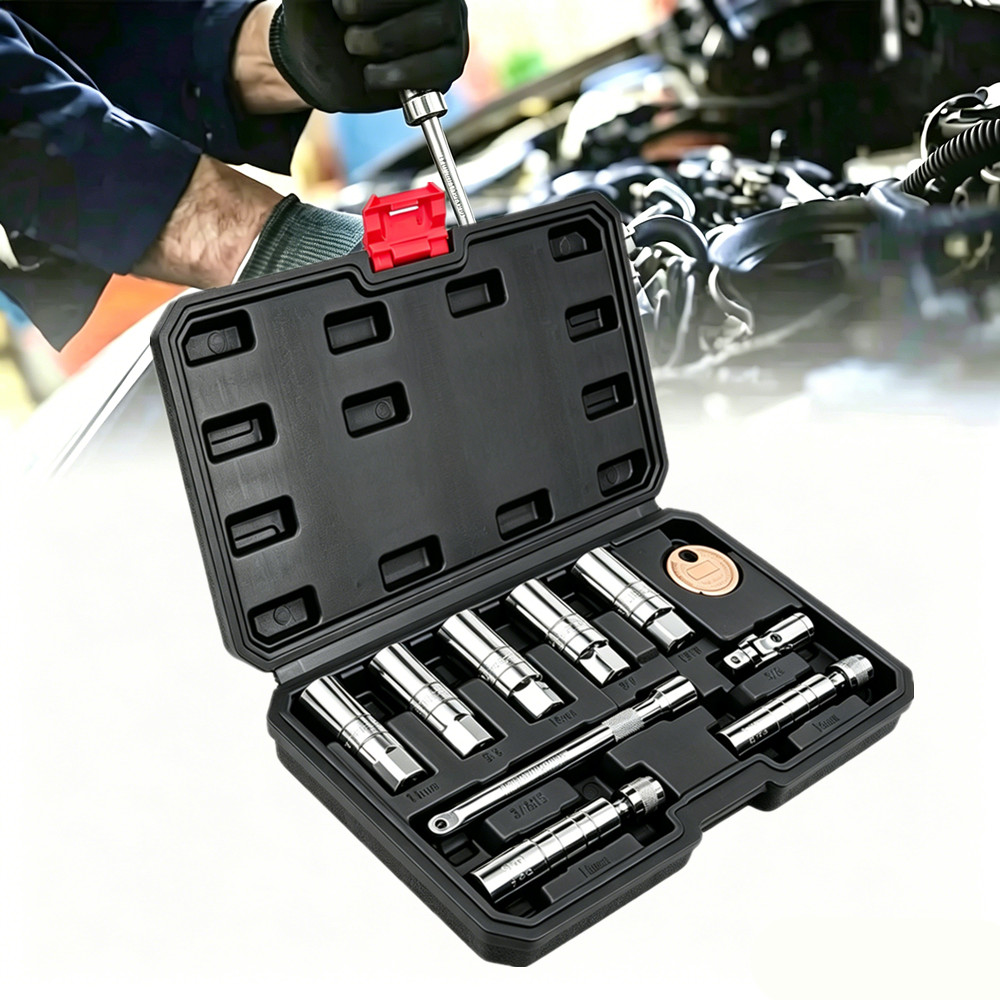 10PCS 3/8" Dr. Magnetic Thin Wall Spark Plug Socket Set w/Universal Swivel Joint