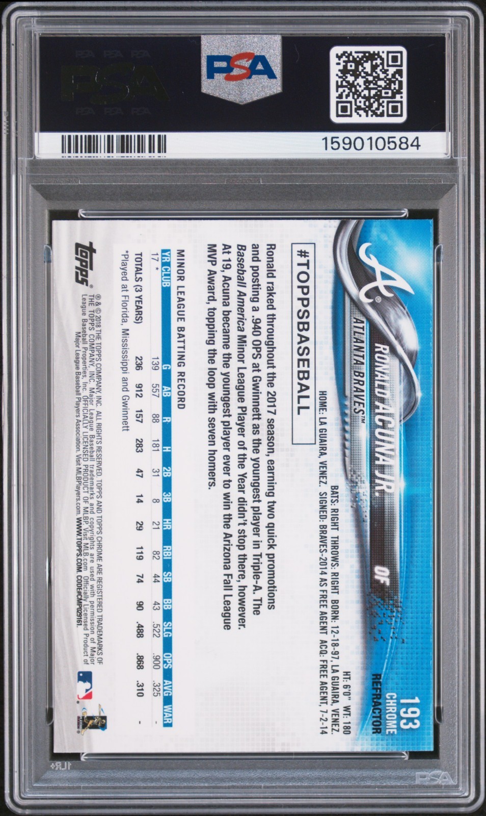 2018 Topps Chrome Prism Refractor #193 Ronald Acuna Jr. RC Gem Mint PSA 10 view 2