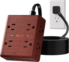 Brown Extension Cord 10Ft, Flat Plug Power Strip Surge Protector, 8 Outlets & 4