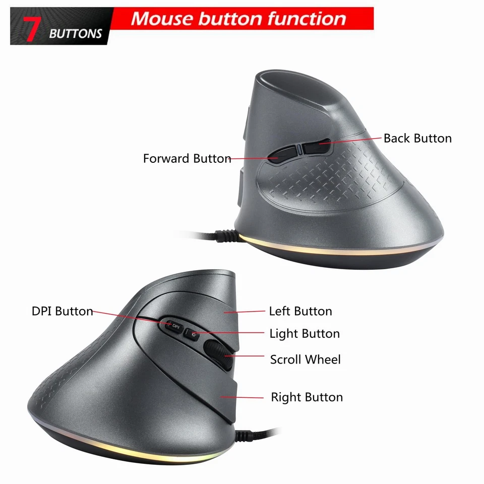USB Wired Vertical Mouse 11 RGB Backlight 7200 DPI Adjustable Ergonomic Optic... - Image 2 of 4