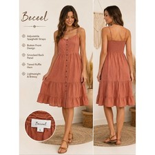Beceel Tiered Sundress Terracotta Button Front Smocked Back Boho Summer Size L