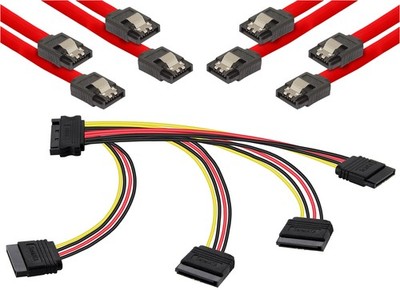 Sata 3 Kabel Set (gerade), 4x 0,5m Datenkabel, rot + 20cm 4-Fach Y-Stromkabel