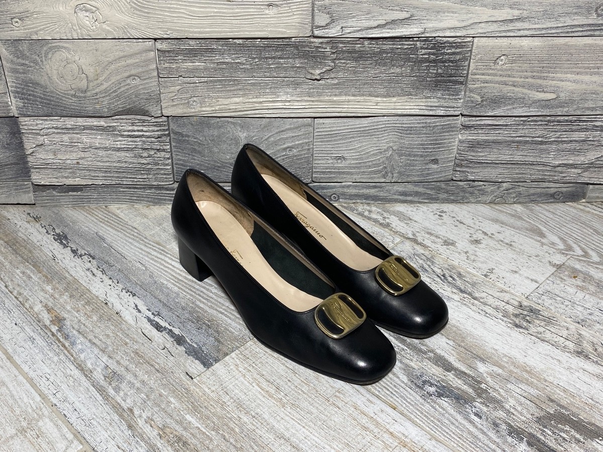 Salvatore Ferragamo Vara Mid Heel Logo Pumps Black Leather Women