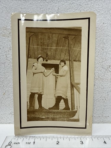 Vintage Photo Young Women in Dresses & Hats Fist Fighting on Porch