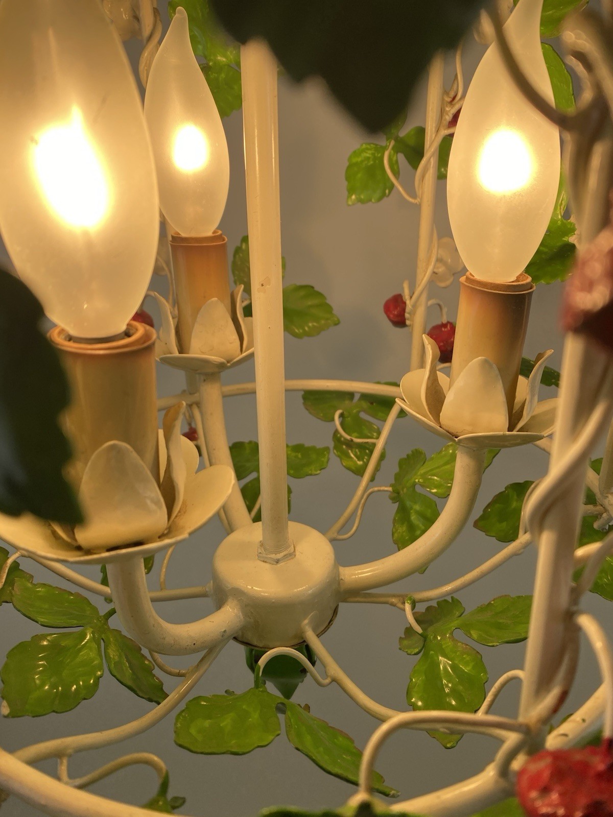 Vintage Italian Tole Strawberry Chandelier Fixture Birdcage Metal Three Sockets