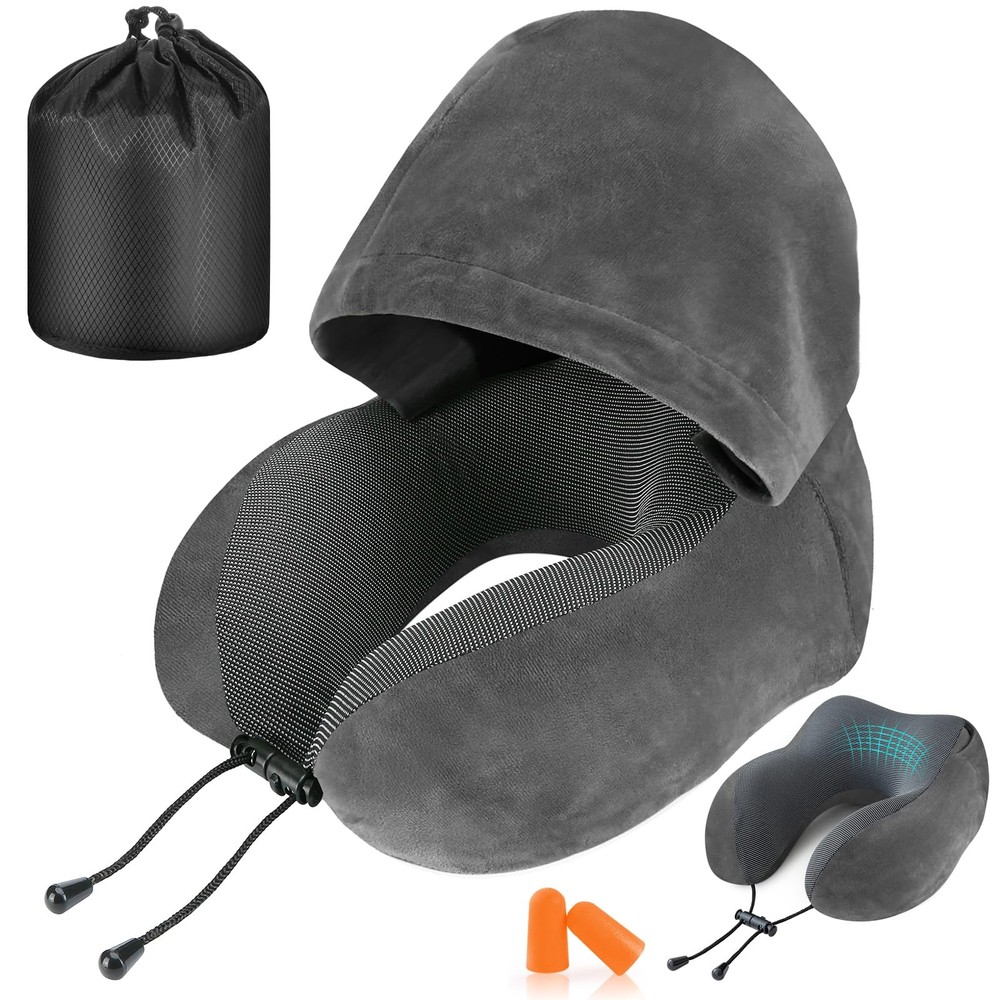 Cirorld Velvet Travel Neck Pillow with Hood for Airplane Comfort