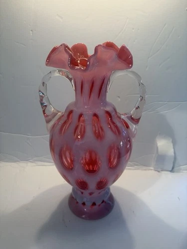 11" Fenton Pink Opalescent Coin Dot Double Handled  Vase Read Description