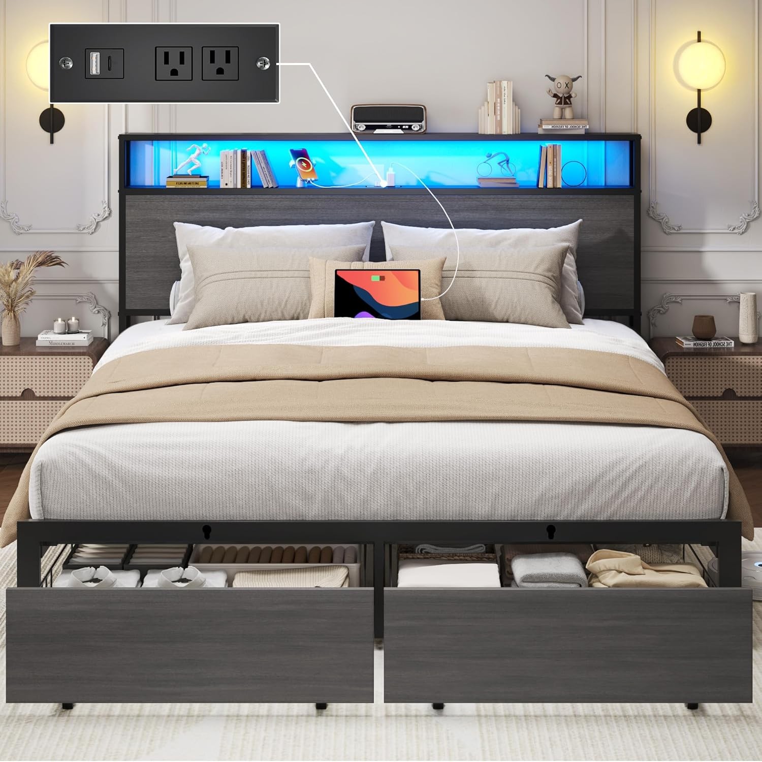 Full Queen Size Bed Frame with Storage Headboard ,Charging Station & LED Lights