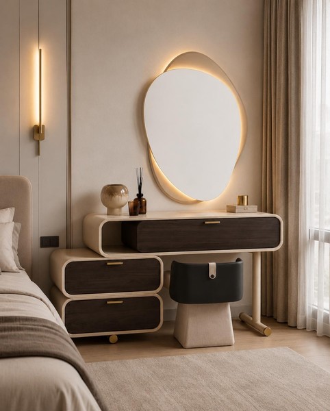 Schlafzimmer Set Schminktisch Sitzhocker Spiegel Modern Beige Bequem-image