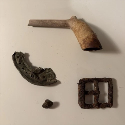 Original Civil War Relic Lot – Belt Buckle, Button, Pipe Fragment & Metal