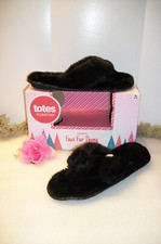 TOTES Size XL 9-10 Black Faux Fur Thong Slippers NEW