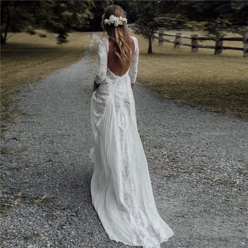 Boho White Wedding Dresses Round Neck Long Sleeved Lace Applique Bridal Gowns - Image 4 of 4