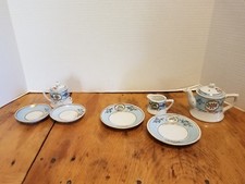 9 pc Vintage Porcelain Child's Toy Tea Set Floral Blue Gold Trim Japan FLAW