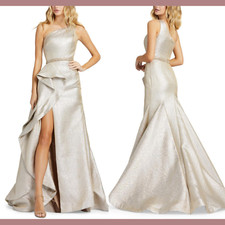 Nwt Mac Duggal [ 0 ] 66975 One Shoulder Metallic Ruffle Gown Oyster G1309