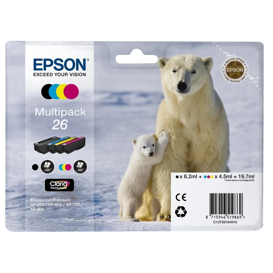 Original Epson 26 4er Set Eisbär Druckerpatrone T26 Multipack Angebot Neu!