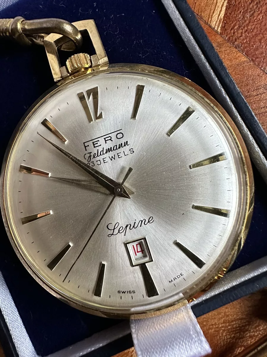 Fero Feldmann Lepine Pocket Watch Date 23 Jewels with Chain Swiss Made