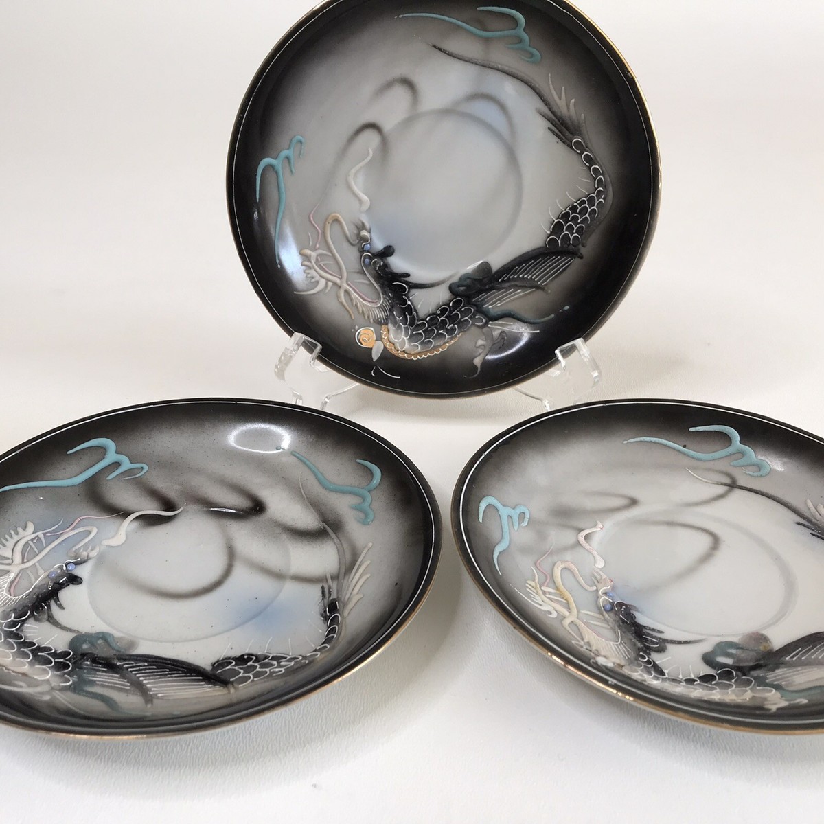 VINTAGE Maruku China Dragonware Moriage Teacup Saucers Black Grey