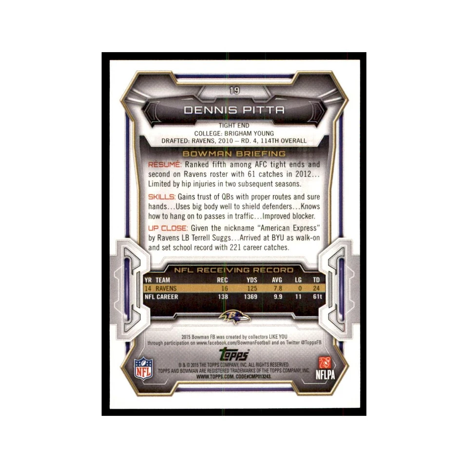 2015 Bowman Dennis Pitta Football Cards #19 - Image 2 of 3