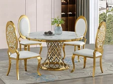 Luxurious Glam 5-Piece Round Dining Set, Faux Marble Table Gold Chrome and White
