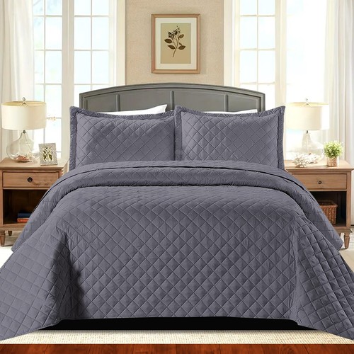 3 Piece Quilted Bedspread Bed Throw Single Double King Size Embossed Bedding Set - Picture 6 of 12