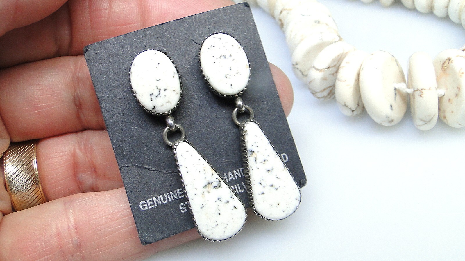 Running Bear Signed White Turquoise Earrings & Ch… - image 2
