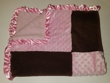 RN 119741 Pink Brown Patchwork Fleece Baby Blanket Lovey Minky Dot Satin Ruffle