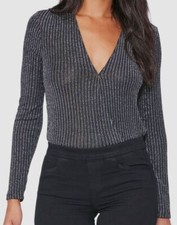  159 Paige Women's Black Metallic Stripe Julienne Long-Sleeve Bodysuit Size S