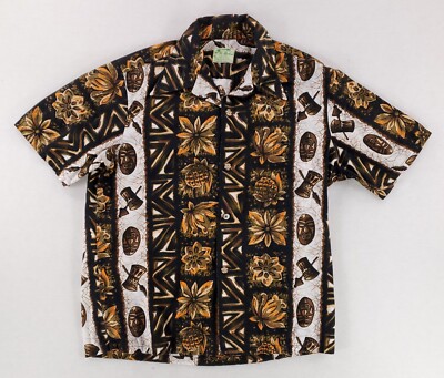 Ui-Maikai VTG Tiki Mask Drum Pineapple Spear Hawaiian Shirt Mens L