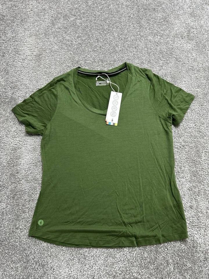Camiseta Smartwool Active Ultralite para mujer mediana verde lana merino logotipo cuello en V Foto 2 de 4