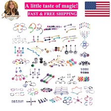 120PC Body Piercing Jewelry Kit - CBR BCR Rings Barbells Studs Screws Curved ...
