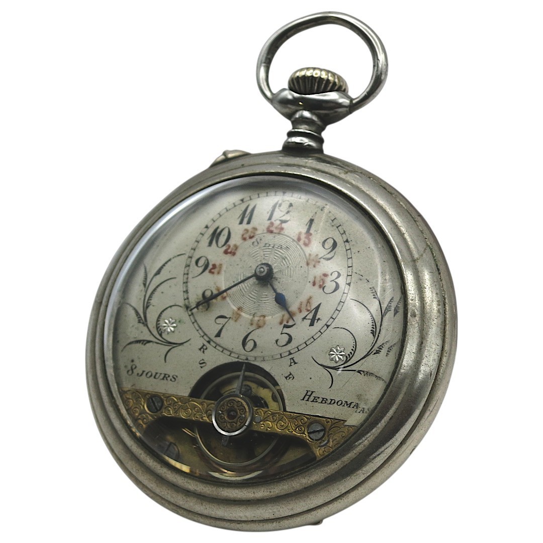 Hebdomas 8 Jours Swiss Pocket Watch Visible Balance Silver Tone