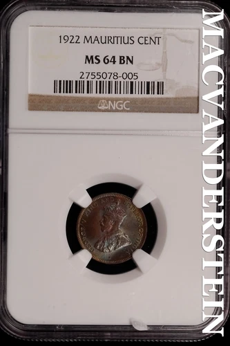 India: 1922 Mauritius Cent - NGC MS 64 BN - Scarce  No Reserve  #SLi421