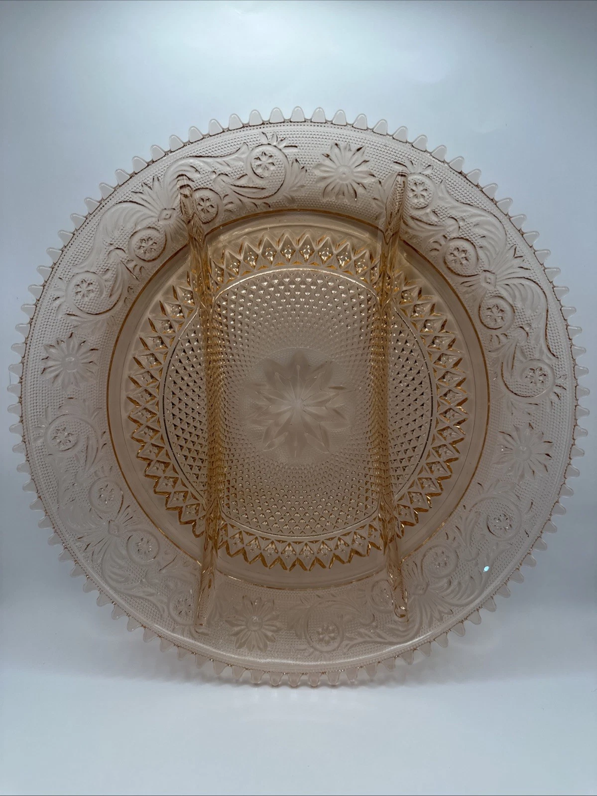Vintage Tiara Glass Divided Relish Tray Sandwich Pink Sawtooth 12 1/4" D