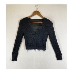 Goth Whimsigoth Womens Small Black Floral Lace V-Neck Long Sleeve Crop Top