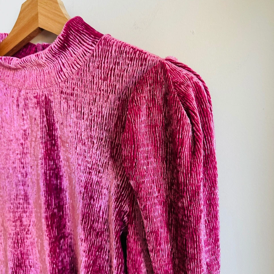 H&M Pink Crushed Velvet Bodysuit Top Mock Neck Long Sleeve Party Small - Image 2 of 4