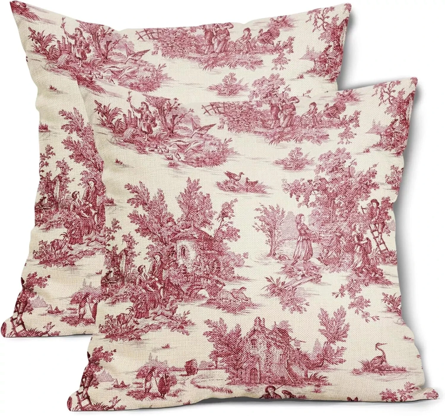 French Country Pillow Covers Set of 2 18X18 Inch Vintage Toile Red Cotton Linen