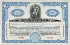 Western Power Light and Telephone Company. Certificat de stock
