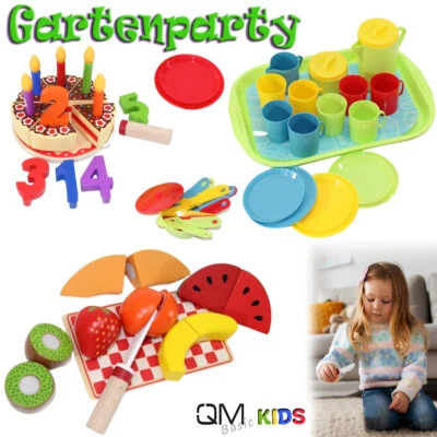 QMBASIC Kinder Küche HOLZ Zubehör OBST schneiden Geburtstag TORTE Tee Spiel Service ab 2
