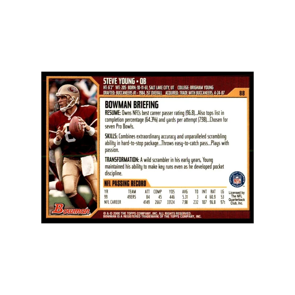 2000 Bowman Steve Young Football Cards #88 - Image 2 of 3