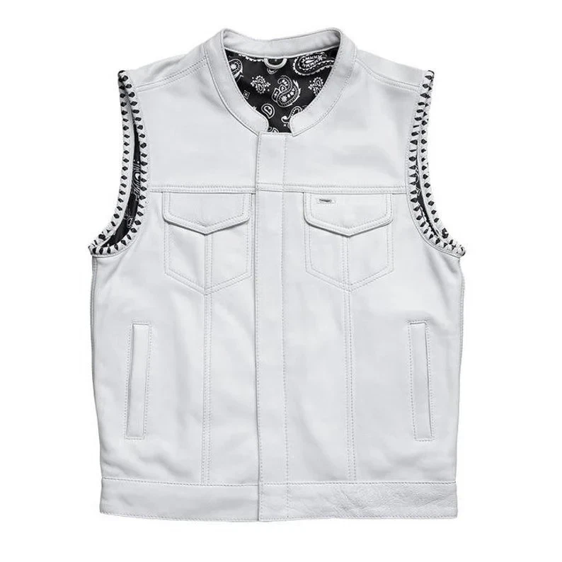 Biker Leather Vest - Motorcycle Vest - Mens Leather Vest White Paisley Bandana