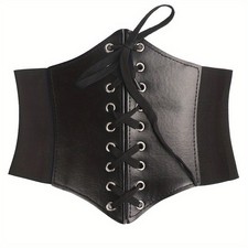 Women Black Wide Faux Leather Stretch Belt Corset Dress Coat Elastic Waistband