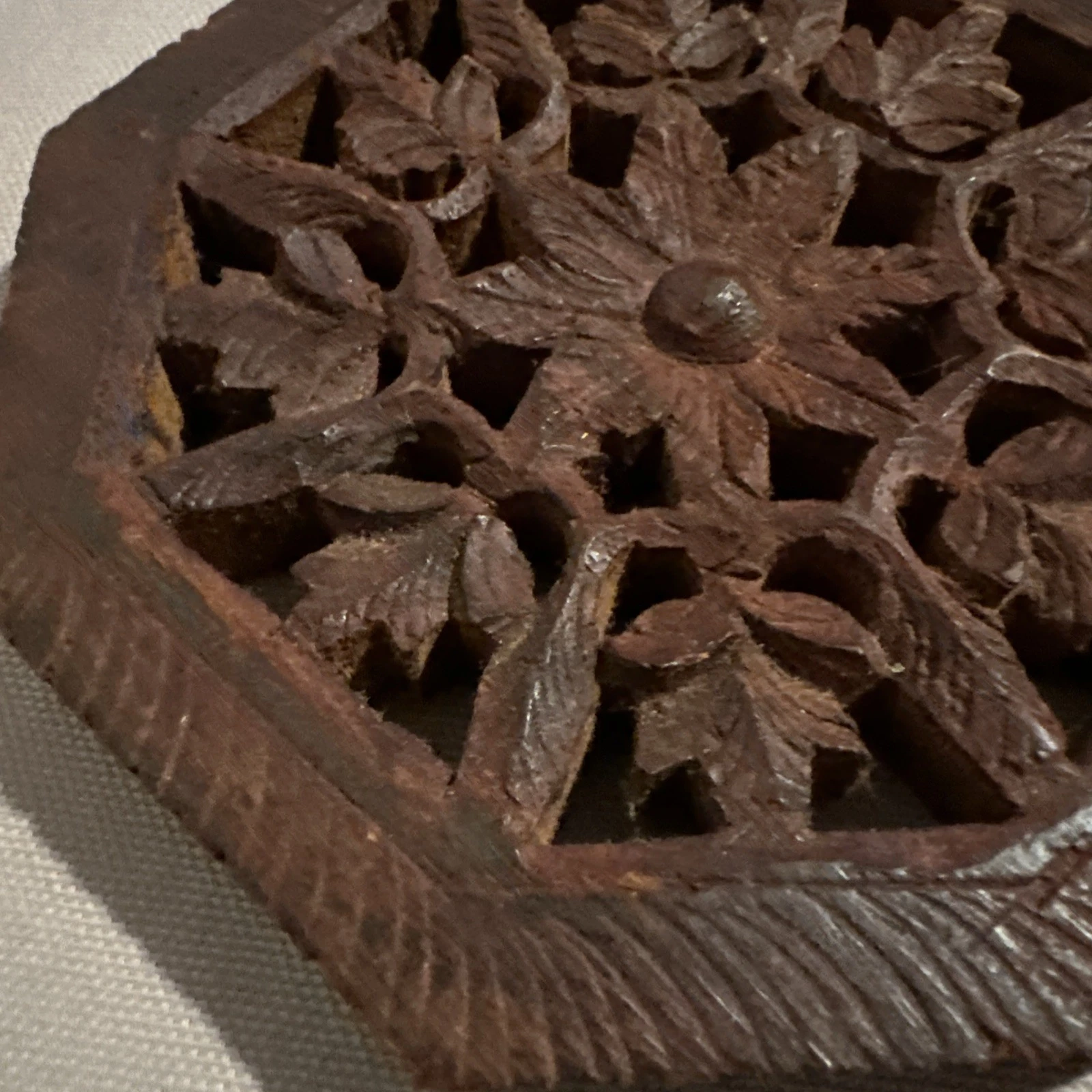 Vintage Octagon-Shape  Carved Wooden Trivet, 5” India image 2