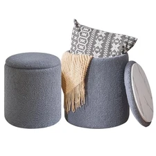  Storage Ottoman Set of 2 Round Ottoman for Dorm Teddy Fleece Fleece-grey