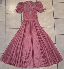Vtg 1980s Prairie Prom Dress Pink Taffeta Puff Sleeve Victorian Romantic Gown 70
