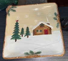 St. Nicholas Square Serving Platter Cabin in Woods Heartland 11.25"Christmas New