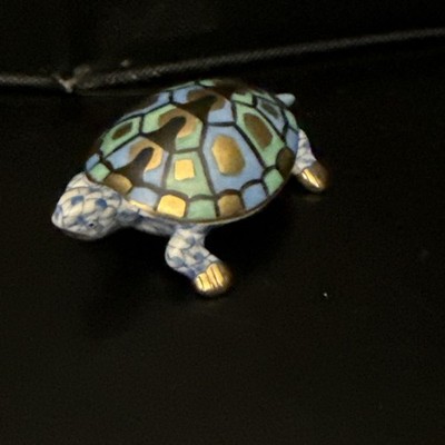 Herend Hungary Blue Fishnet Turtle Porcelain Gold 15508