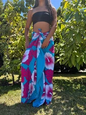 Hawaiian Design Sarong Turquoise and Pink Tribal Hibiscus Wrap Beach Pareo Dress