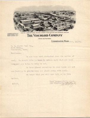 1916 The Viscoloid Company Leominster MA Factory Letterhead Coal Concern